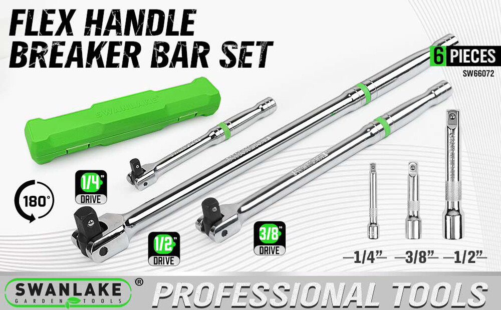 6-Piece Flex-Head Breaker Bar Set 1/2" 3/8" 1/4" Drive 15" 10" 6" 180 Rotatable