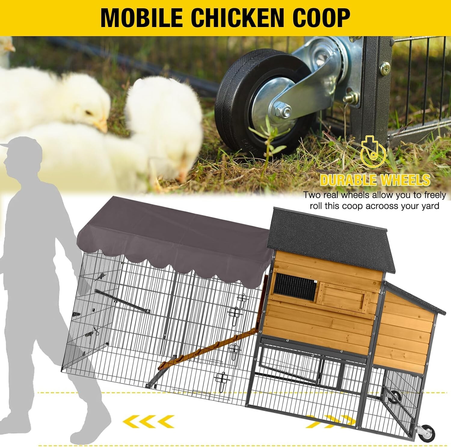 Aivituvin Mobile Chicken Coop 85" Large All-Steel Frame Hen House Poultry Cage
