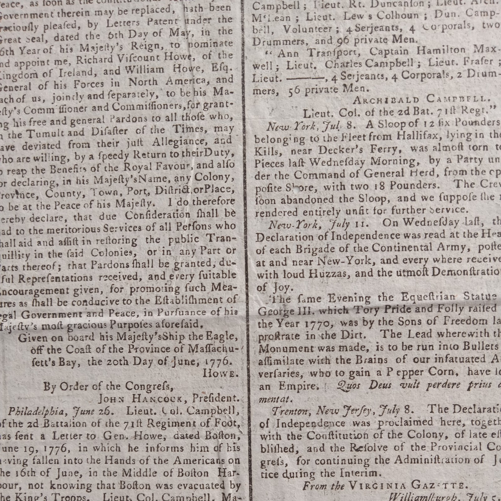 "DECLARATION OF INDEPENDENCE" Front Page Mentions - 1776 British Newspaper