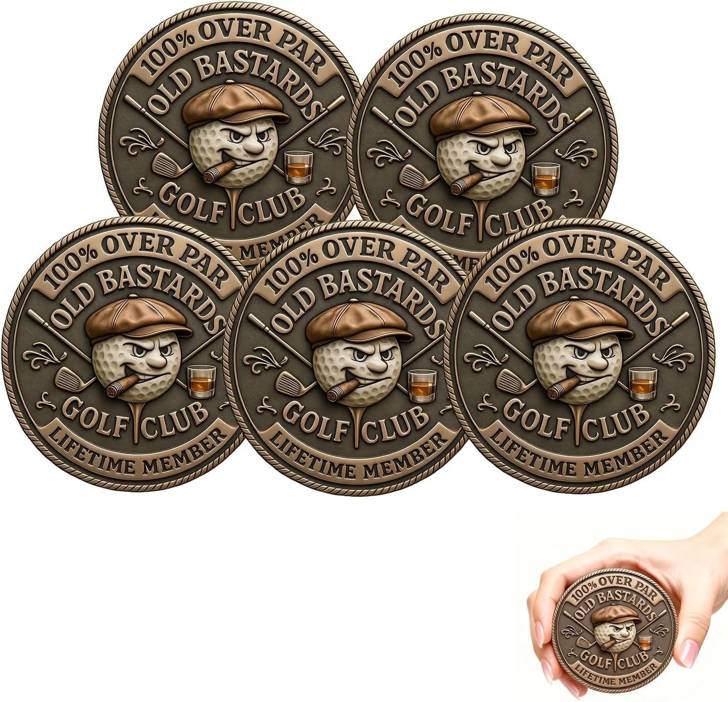 5 Pack Over Par Old Bastards Golf Coin, Golf Challenge Coin for Men with Whiskey