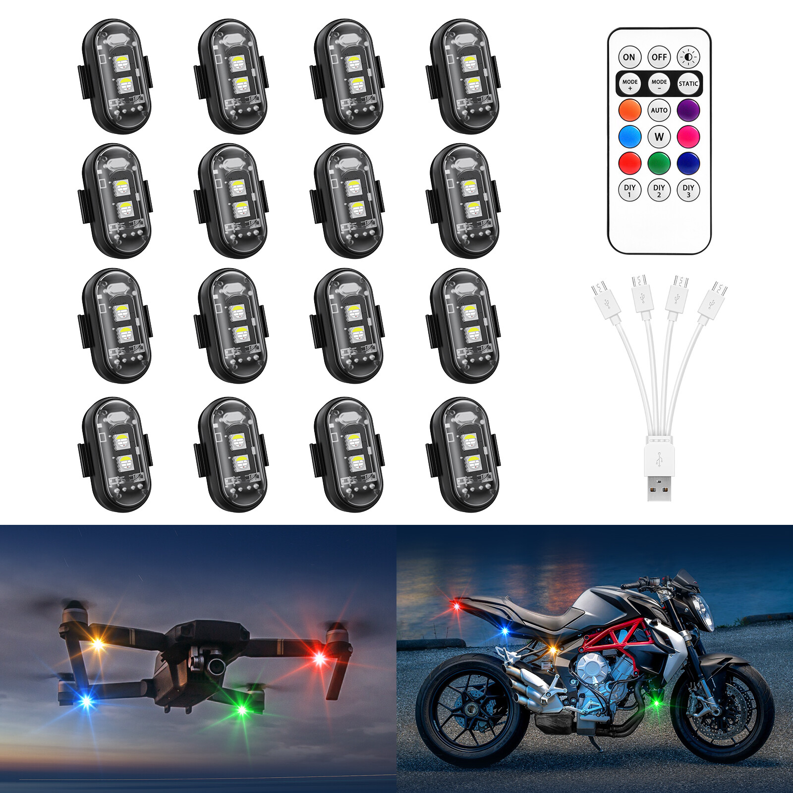 16 PCS Wireless LED Strobe Lights 8 Colors USB Rechargeable Anti-Collision Lamps