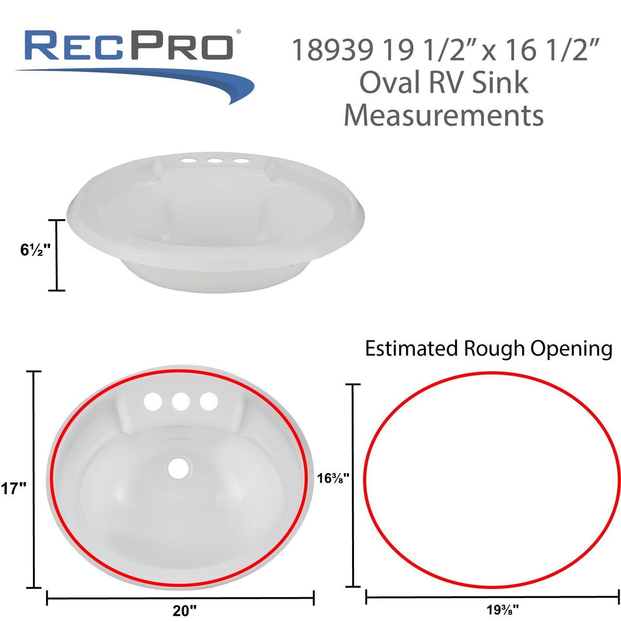 RecPro Oval RV Bathroom Sink White Single Bowl Sink 20"X17" Plastic