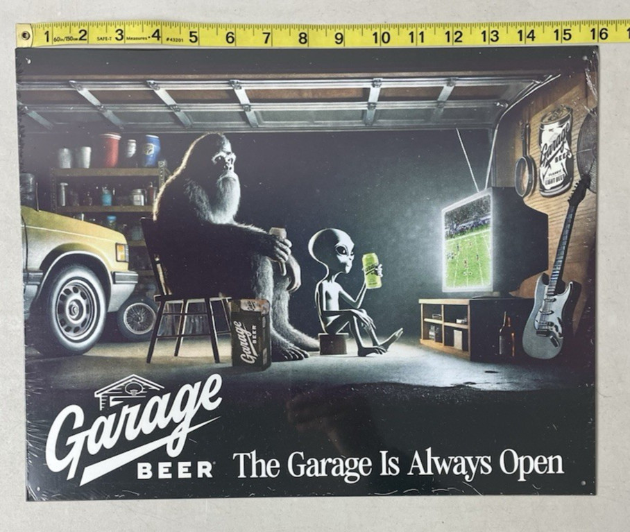 Garage Beer Bigfoot Tin Bar Sign Bigfoot The Garage is Always Open 16 X 12.5