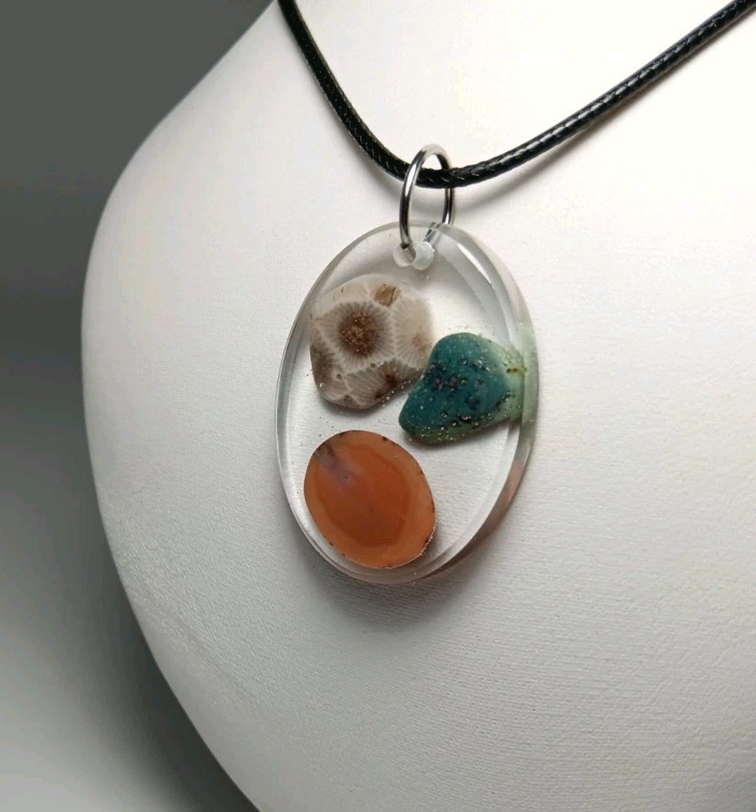 Michigan Petoskey Stone, Agate & Leland Blue Resin Pendant Necklace 22"