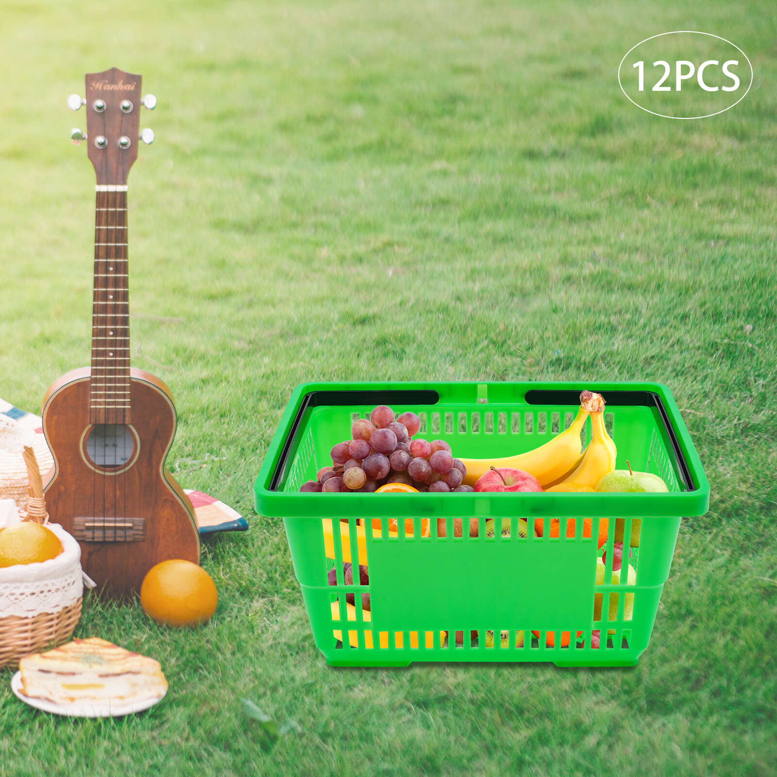 12PCS 28L Mesh Shopping Baskets with Handles Plastic Shopping Basket Portable