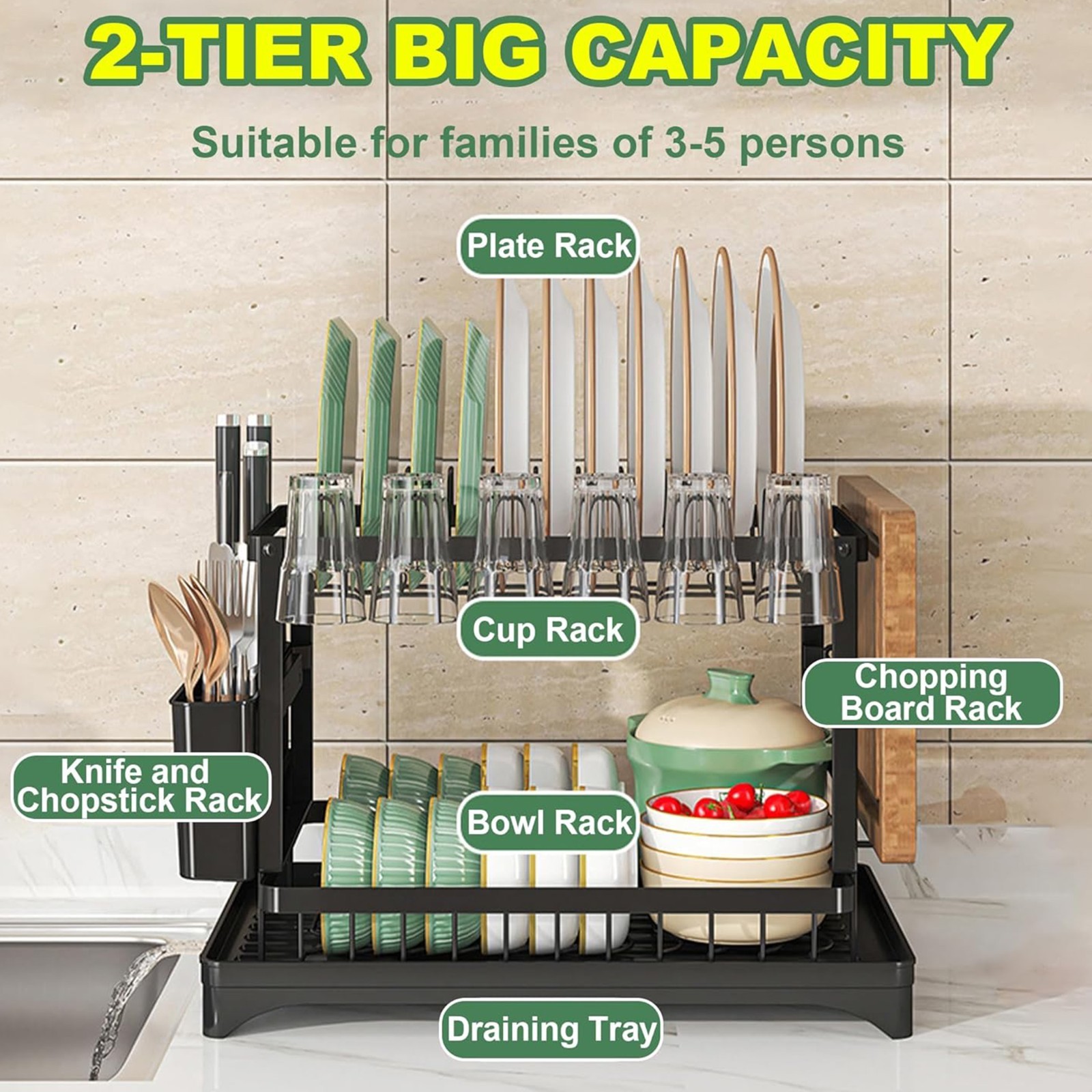 Dish Drying Rack Drainage Tray 2-Tier Stainless Steel Dish Racks Kitchen Shelf