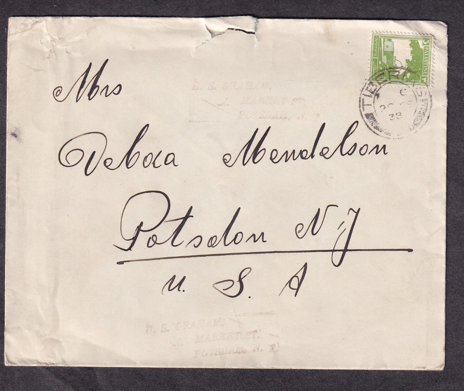 Great Britain Palestine 1938 cover Tiberias to Debora Mendelson Potsdam NY