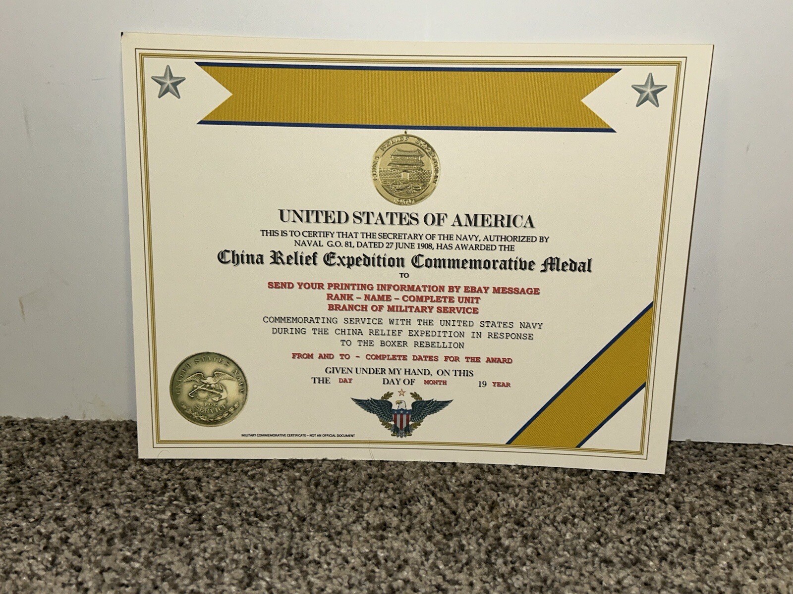 CHINA RELIEF EXPEDITION COMMEMORATIVE MEDAL CERTIFICATE ~ W/PRINTING TYPE-1