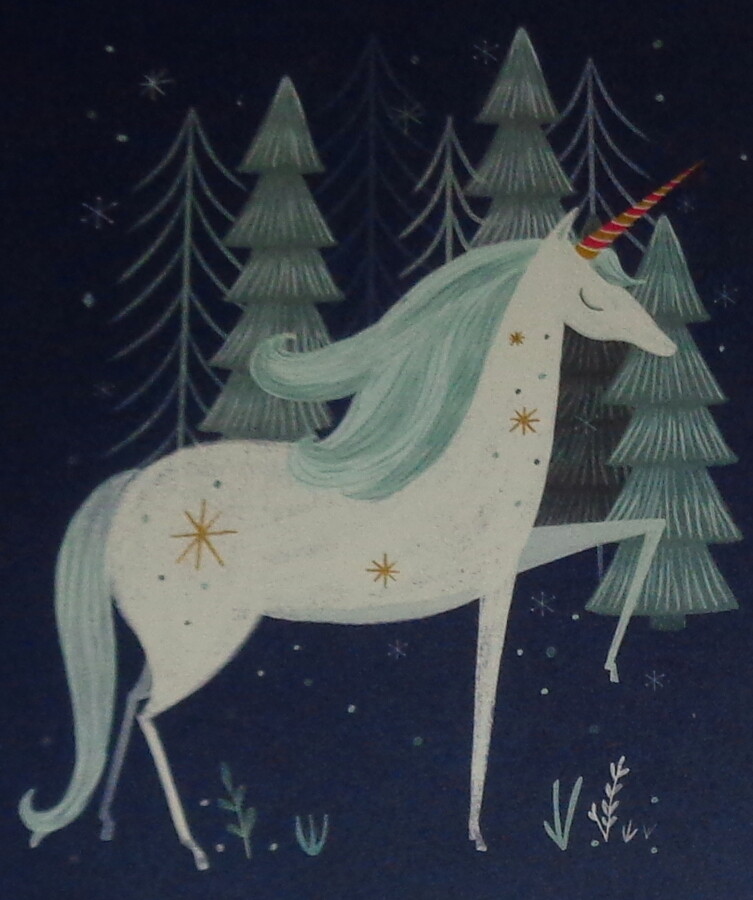 UNUSED Christmas greeting card, magical unicorn on blue, 7"