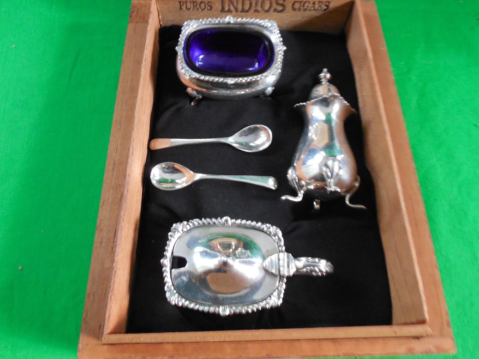 Mappin & Webb Sterling Silver Condiment Set in Cigar Box ~