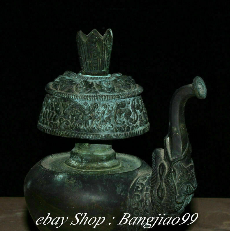 8" Marked Old China Bronze Dynasty Palace Dragon Beast Handle Kettle Pot Flask