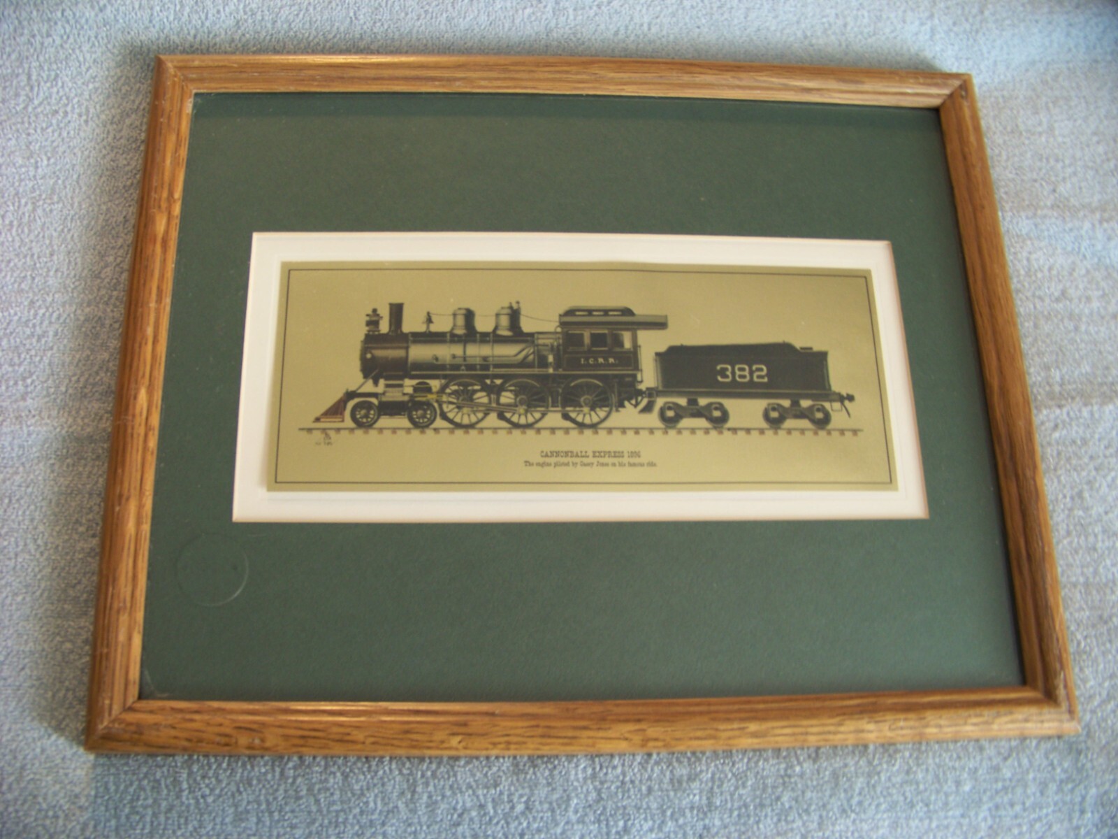 Cannonball Express 1896 Casey Jones oak frame print on gold tone sheet 15"x12"