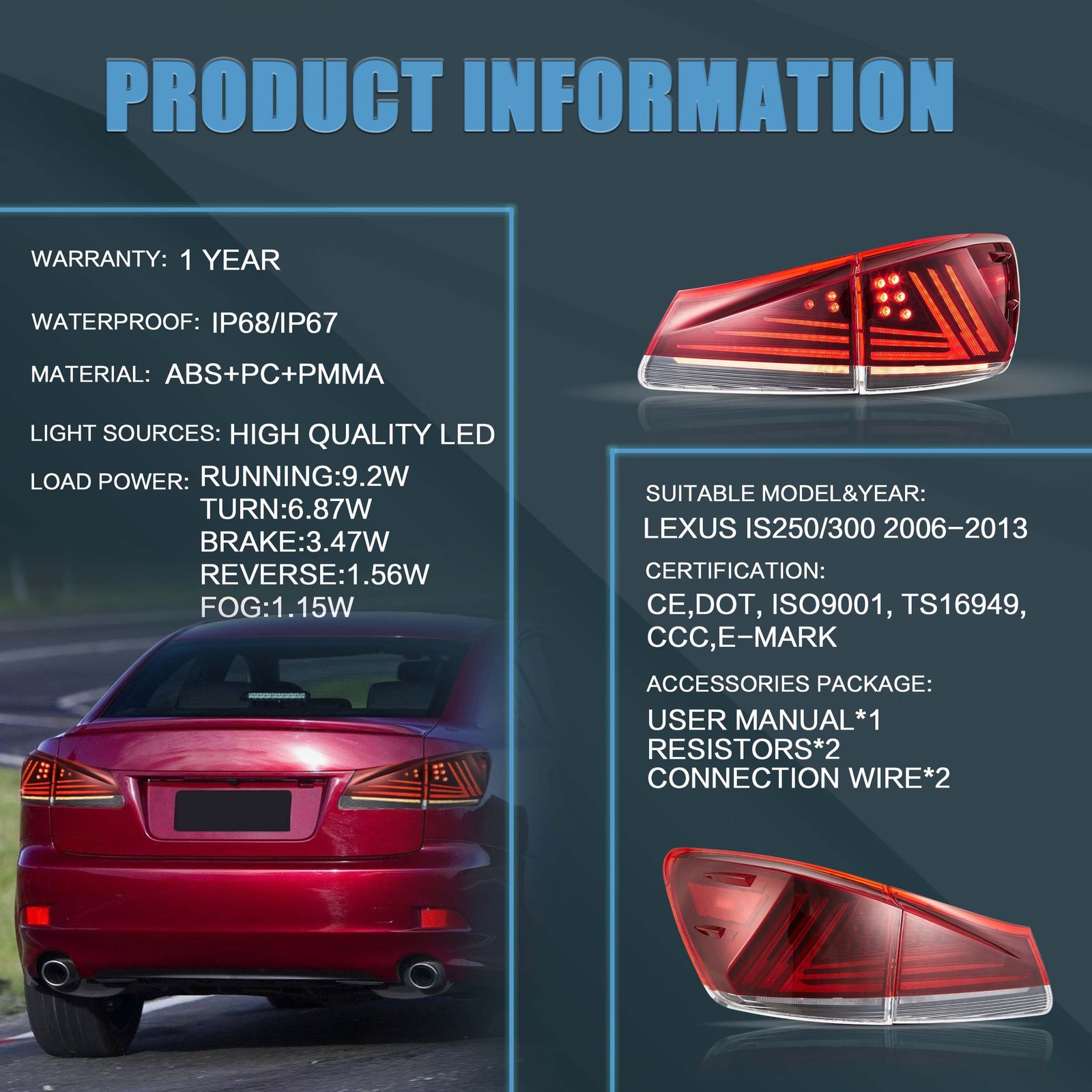 Tail lights Assembly Fit for Lexus IS 2nd Gen 2006-2012 Lexus IS250 IS350