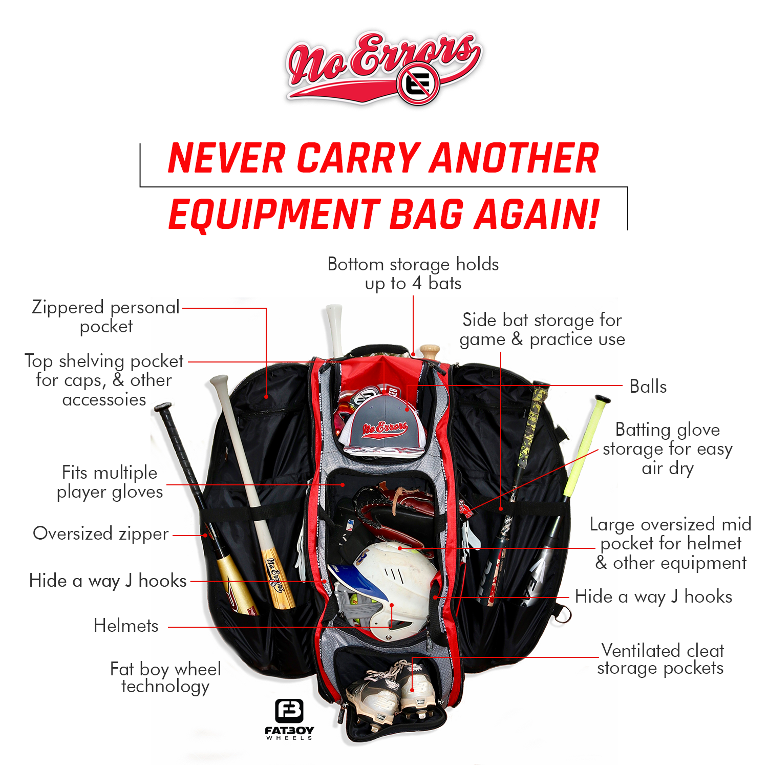 No Error Sports Dinger Baseball Bat Bag with Wheels -15 pocket baseball gear bag