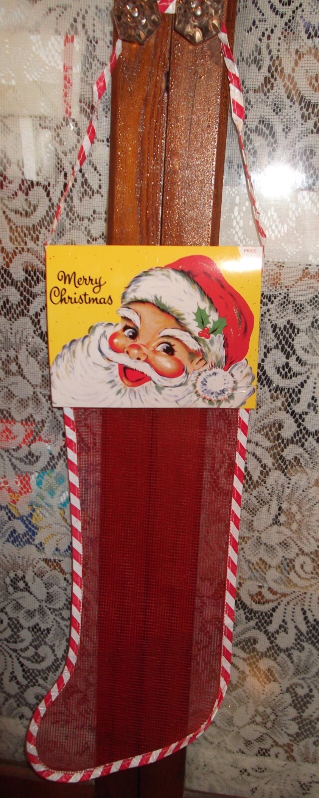 LARGE 20" Vtg Mesh Net XL Christmas Stocking W/Santa Header Unused Fillable NOS