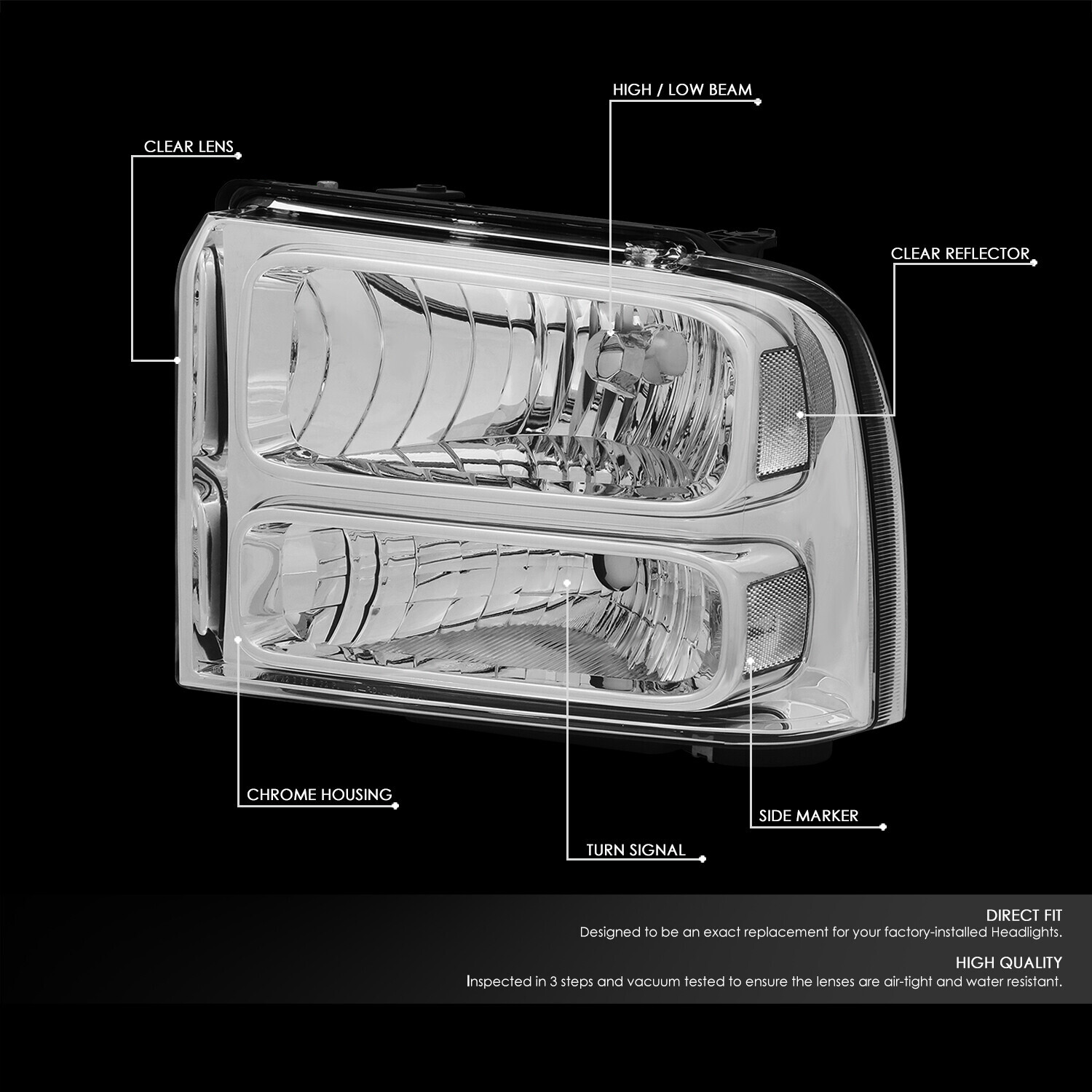 FOR 05-07 FORD F250 F350 SUPER DUTY CHROME HOUSING CLEAR CORNER HEADLIGHT LAMPS