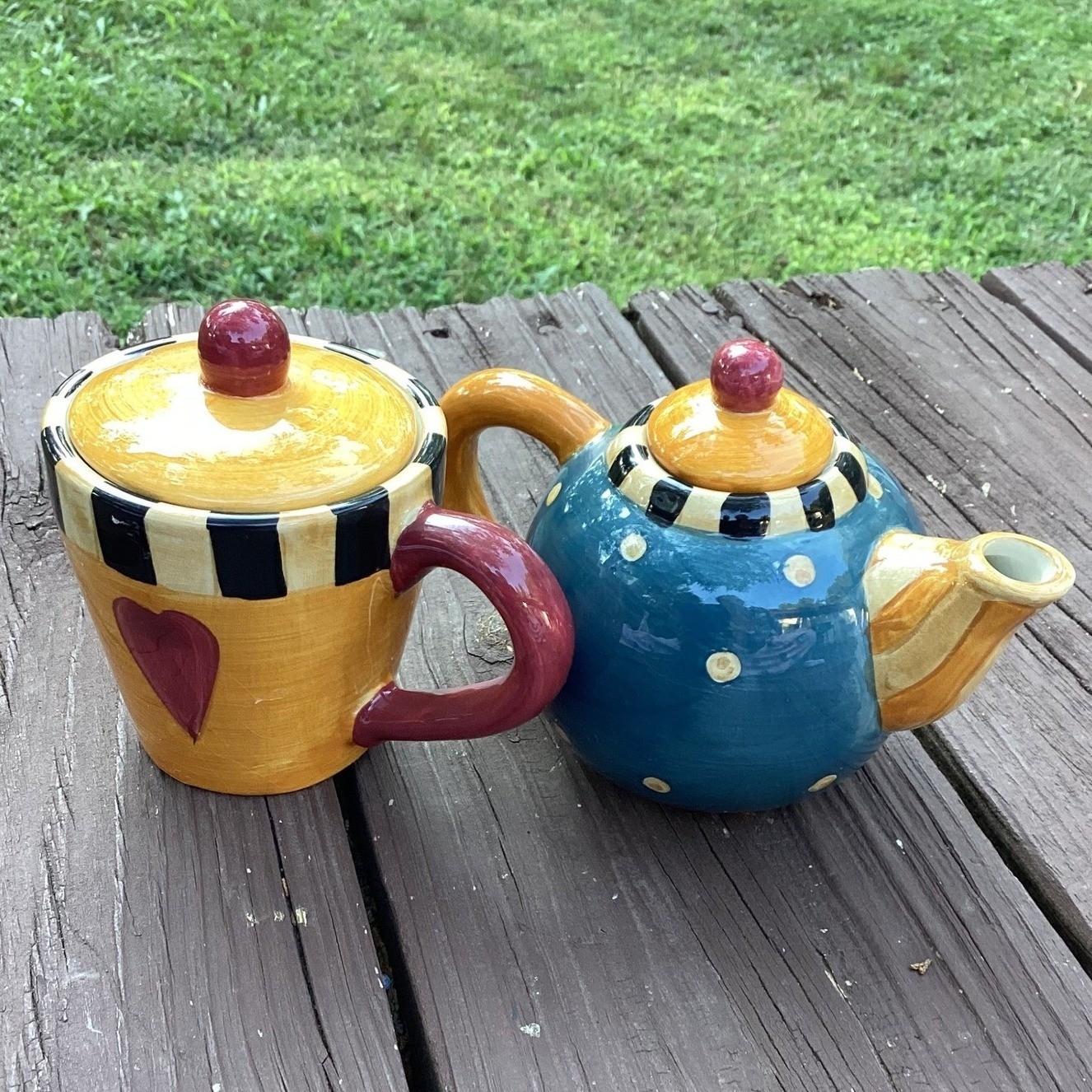 Sakura Hand Painted Ceramic Teapot and Sugar Bowl Set Whimsical Heart Polka Dot