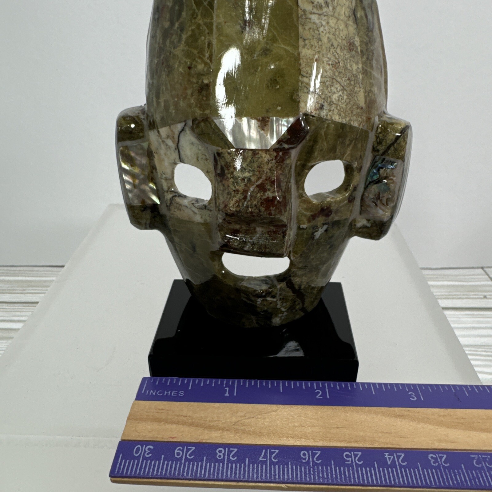 Mexican Mayan Tribal Burial Face Mask Green Stones Mixed Abalone Shell Onyx Base