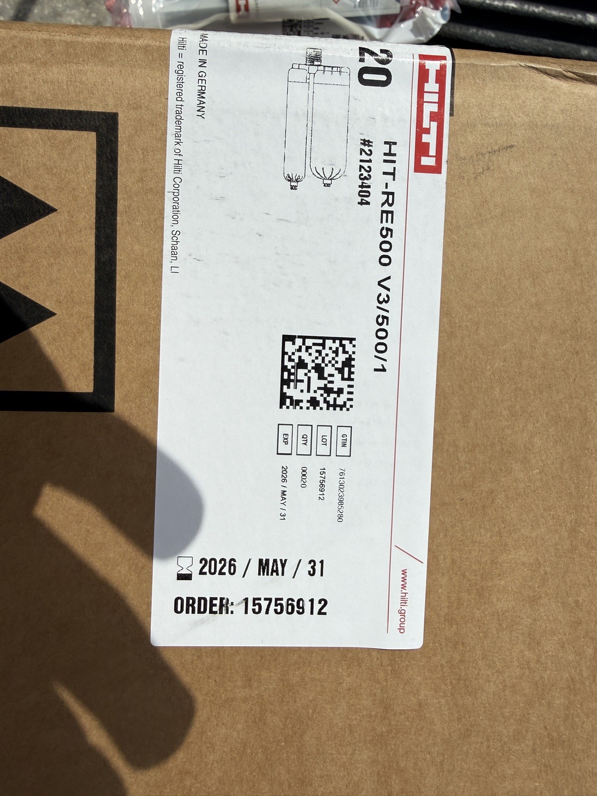 HILTI HIT-RE 500 V3 EPOXY ANCHOR 16.9 fl.oz (28.4oz#2123404 EXP 05/31/26