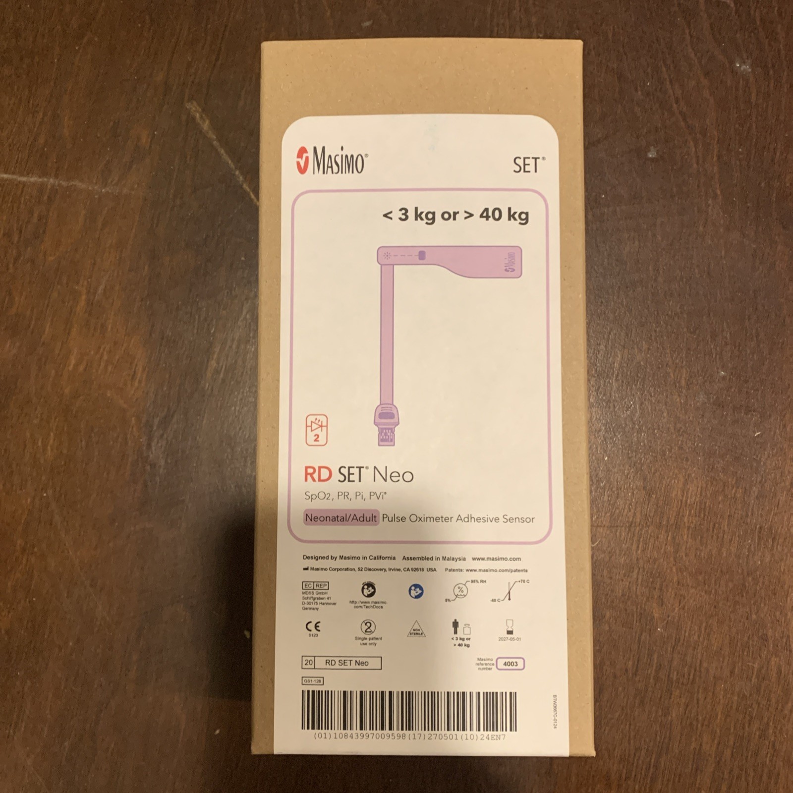 Masimo RD Set Neo Pulse Oximeter Adhesive Sensor 3kg-40kg REF 4003 Exp Aug 2027