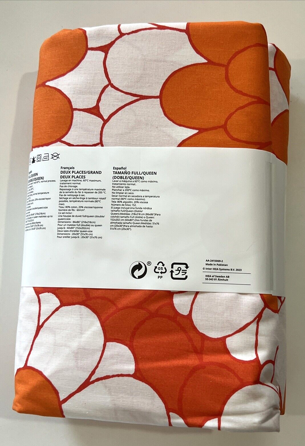 New IKEA KRANSMALVA Full Queen Duvet Cover + 2 Pillowcases Orange White Floral