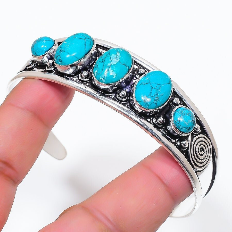 Blue Turquoise Gemstone 925 Sterling Silver Jewelry Adjustable Cuff Bracelet