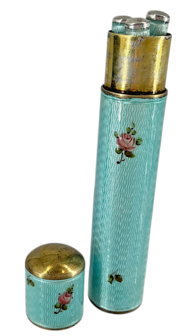 Antique Guilloche Enamel Sterling Silver 935 Manicure Etui Set Holder - Germany