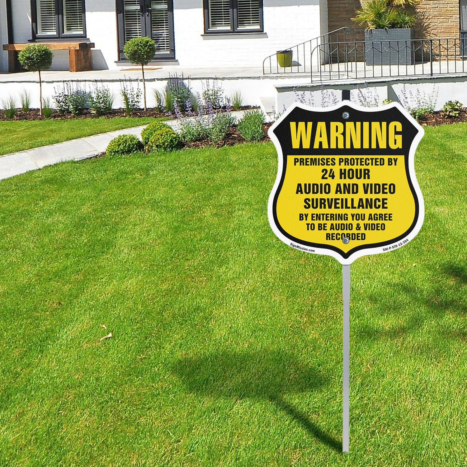24 Hour Surveillance Shield Sign Warning Premises Protec Shield Sign With Stake