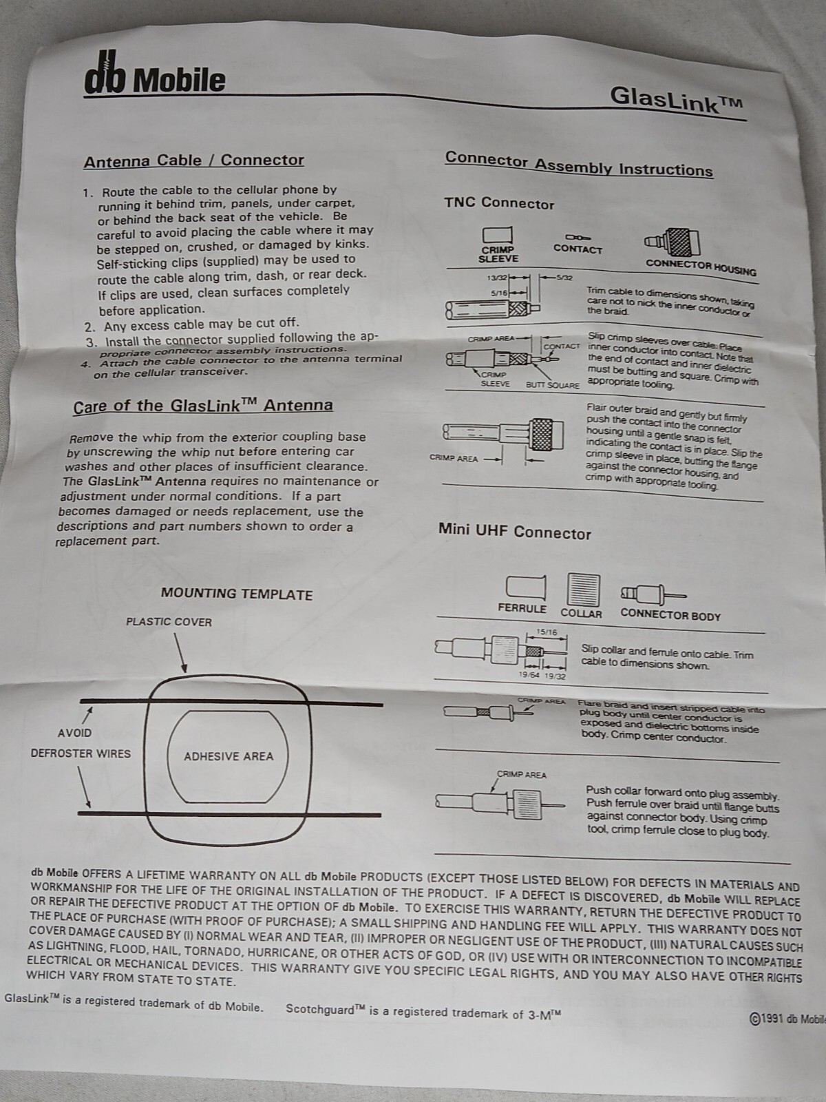 GlasLink Glass Mount Dual Band Cellular UHF Antenna NEW w/ All Mounting Hardware
