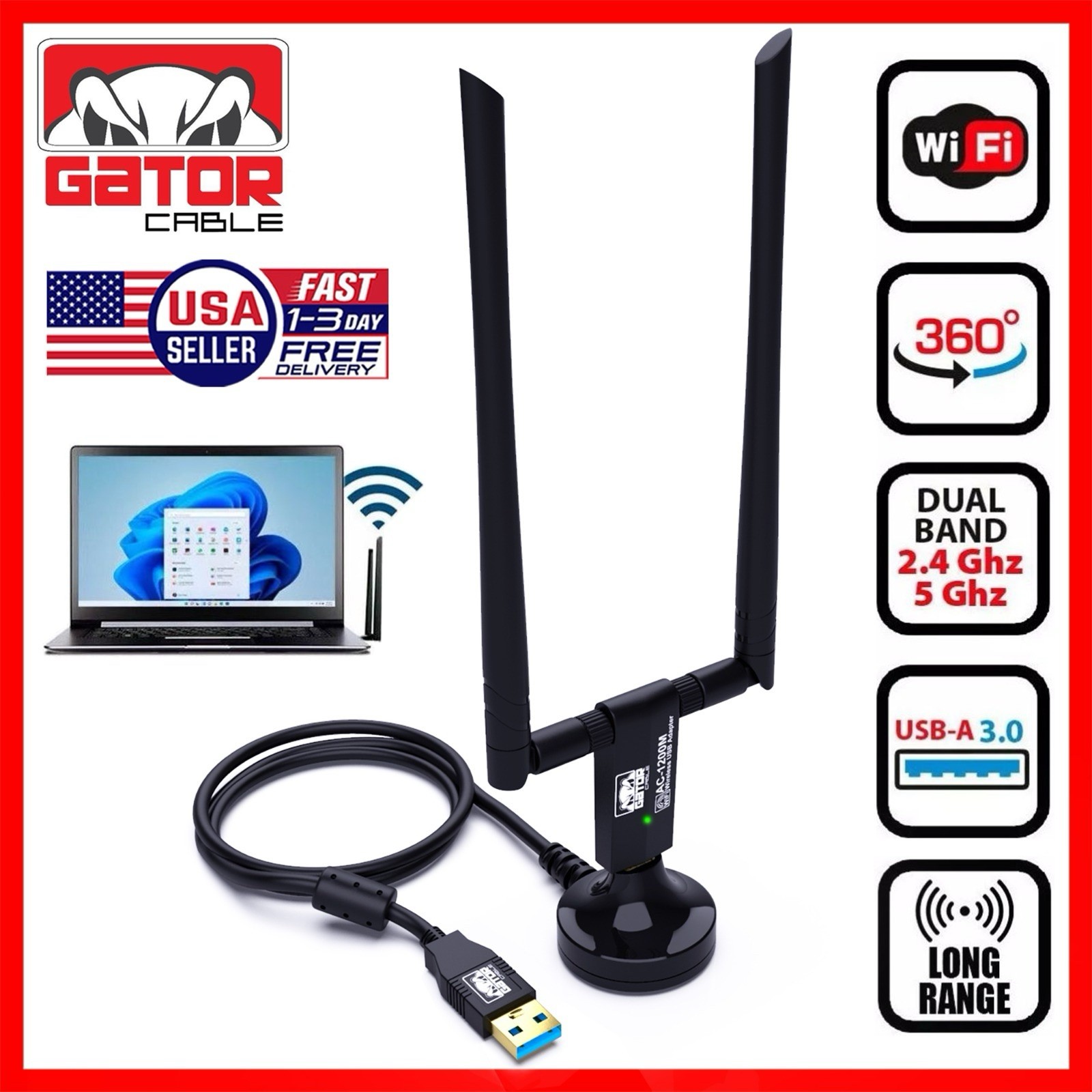 WiFi USB 3.0 Adapter Antenna Long Range Wireless Extender 1200Mbps Dual Band