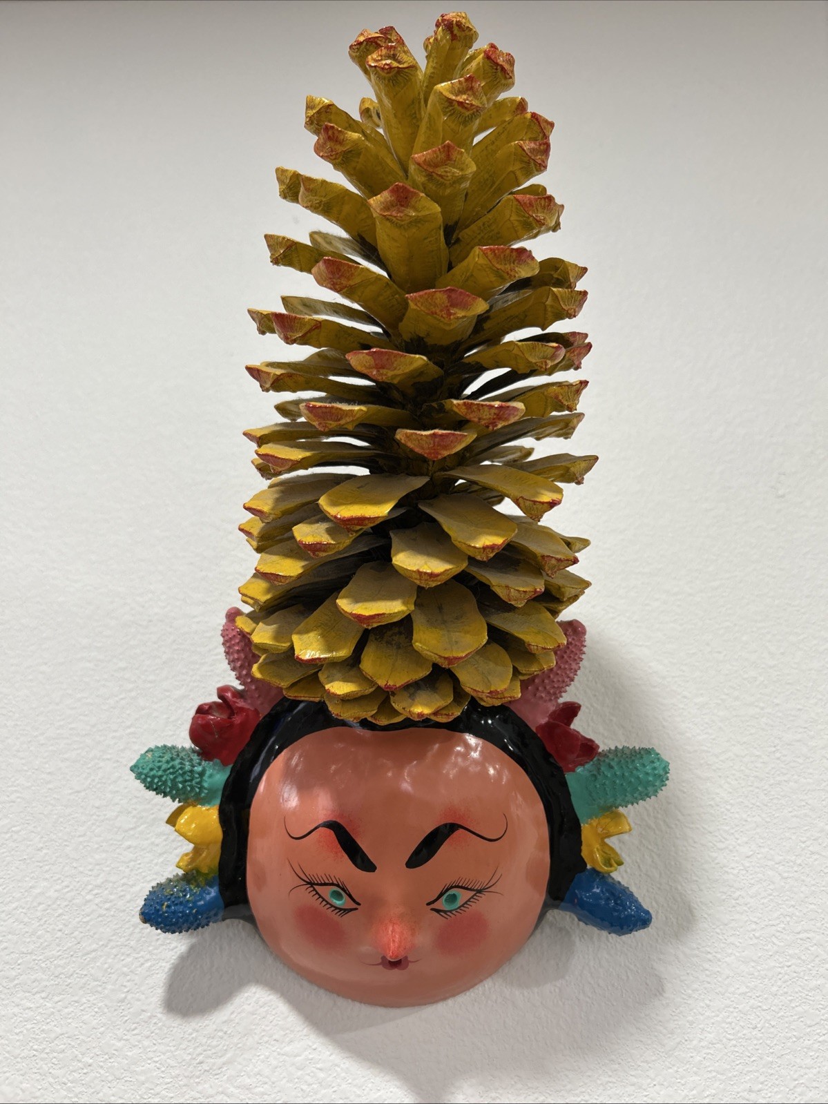 Rare Vintage Mexican Folk Art Coconut Mask With Cactus Seedpod Braids & Pinecone