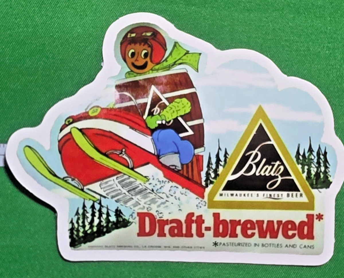Vintage Blatz Beer Draft-Brewed Snowmobile Sticker 1960s–70s 9x7cm