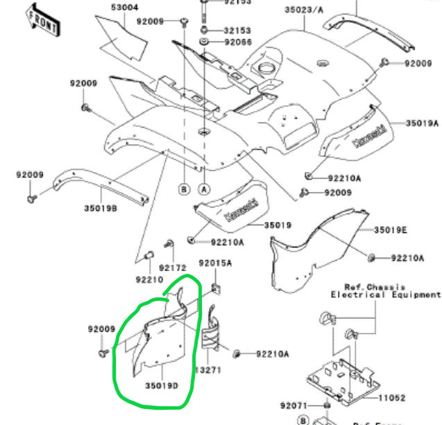KAWASAKI PRAIRIE 650, 700 REAR FENDER LEFT FLOORBOARD MUD GUARD 35019-1393-6Z