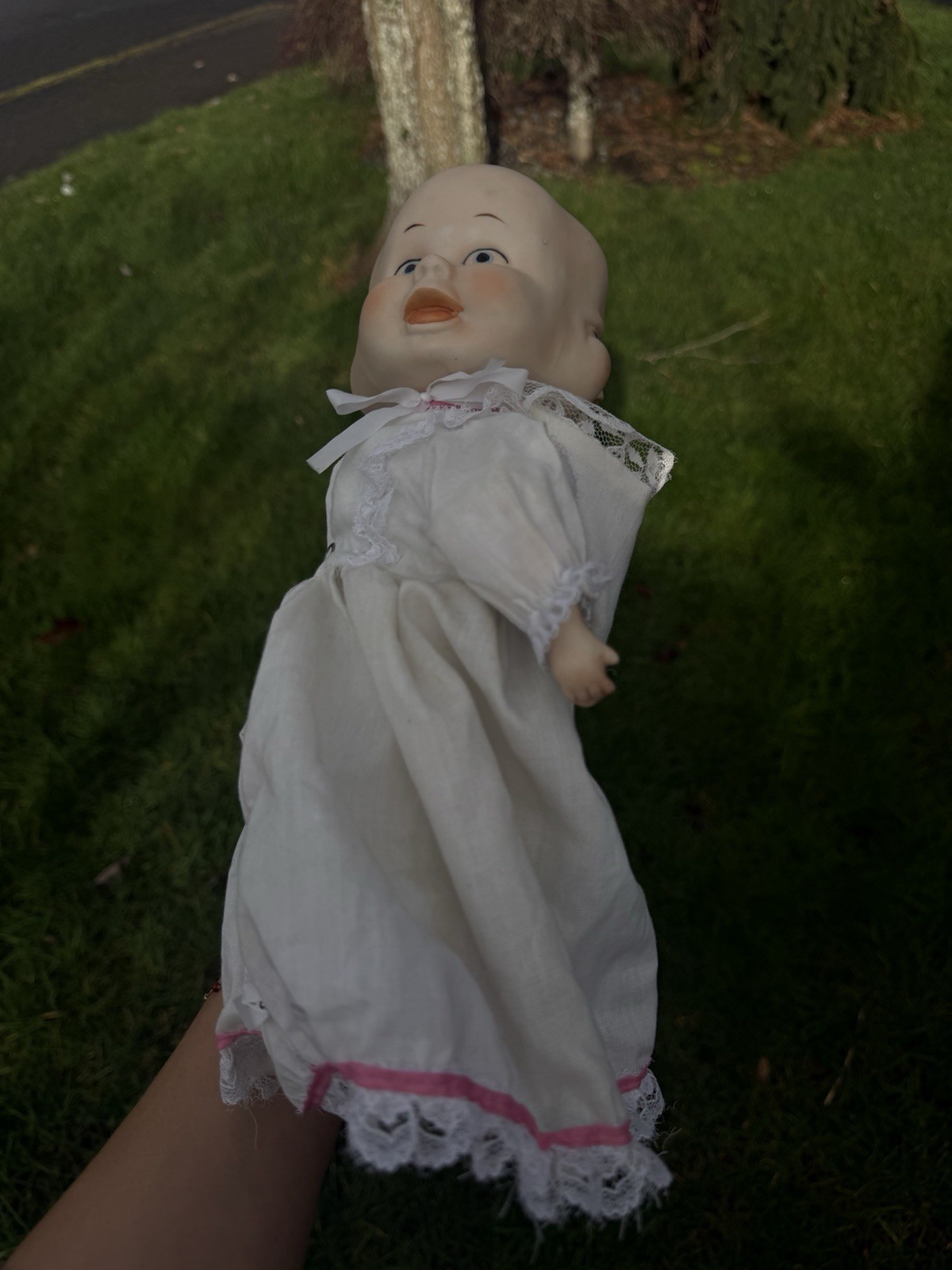 Vintage 13” Three Faced Bisque Porcelain Doll With Bonnet Triple Head Taiwan