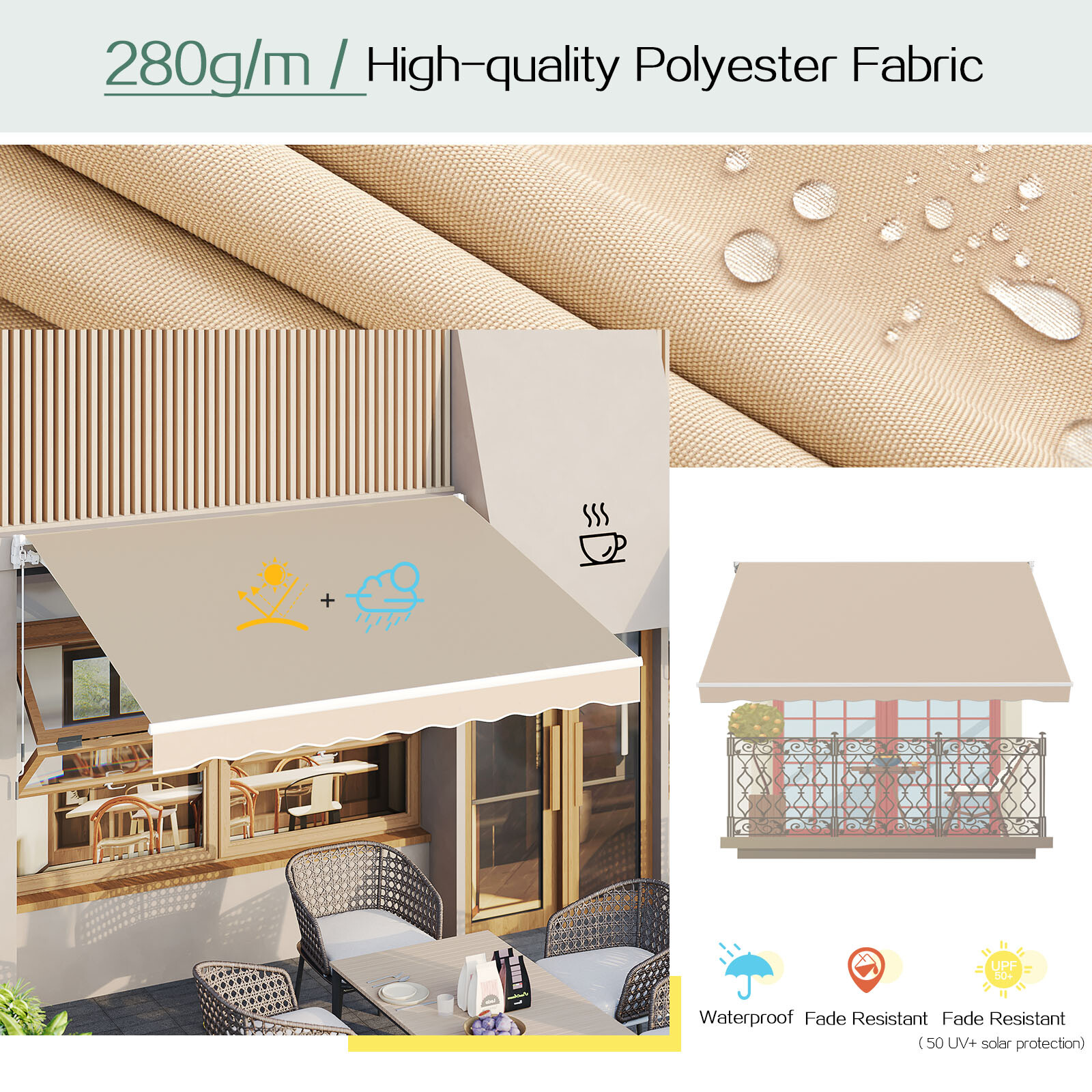 Retractable Patio Awning Sun Shade Cover with Manual Crank Handle,Multiple Sizes