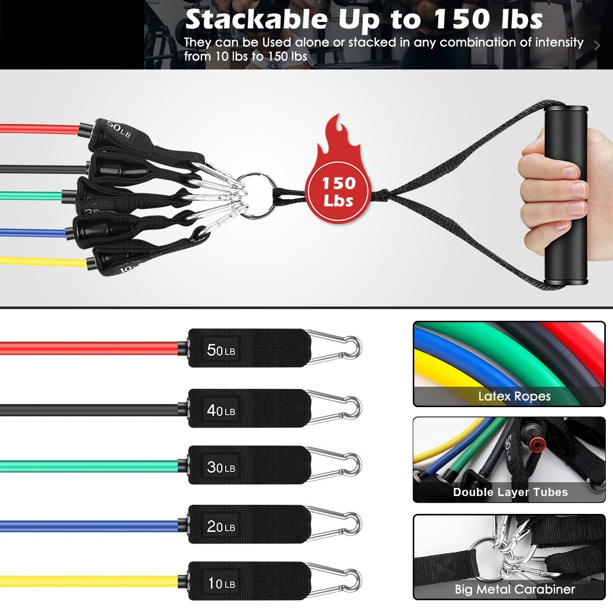 Resistance Bands Set 10–50 LB, Exercise Bands Kit for Men & Women, 11 pc Set