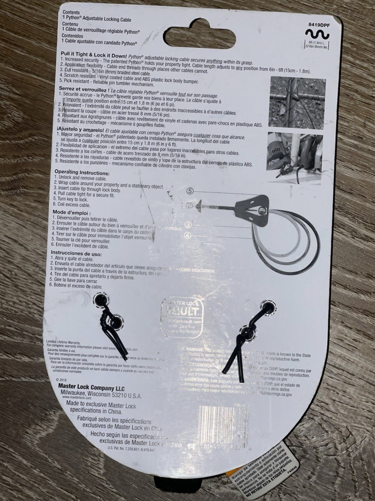 Master Lock 8419DPF Cable Lock Python Adjustable Keyed 6 feet Long Black Unused