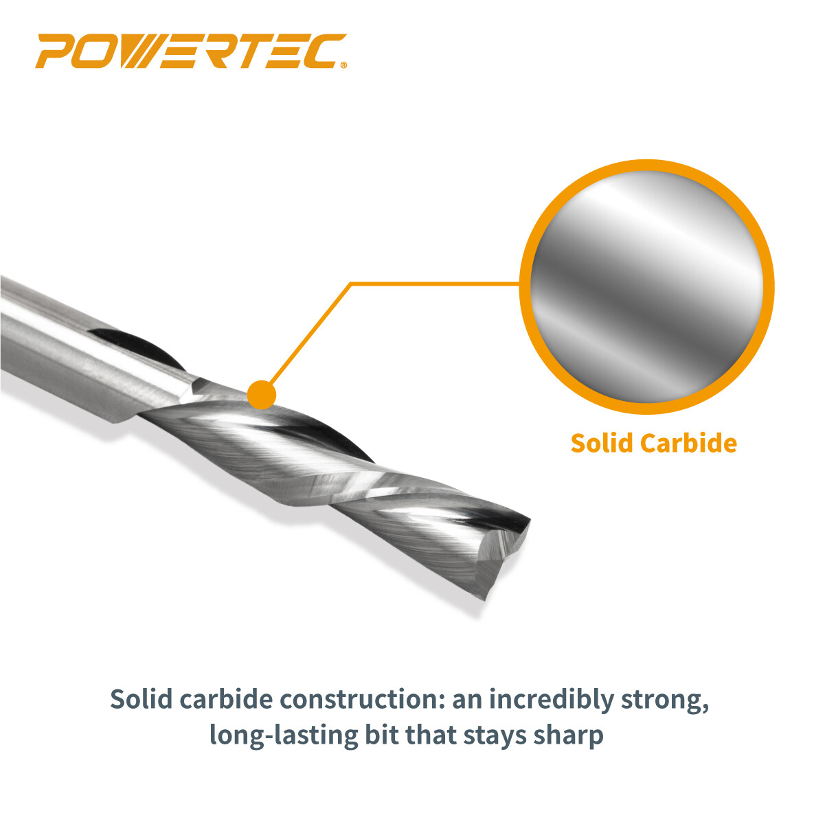 POWERTEC Solid Carbide Router Bit, Spiral Down Cut, 1/4" Shank x 1/4 Dia (73004)