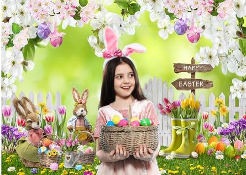 7x5FT Easter Photo Backdrop Spring Flowers Grass Backdrop Colored Egg 7x5ft