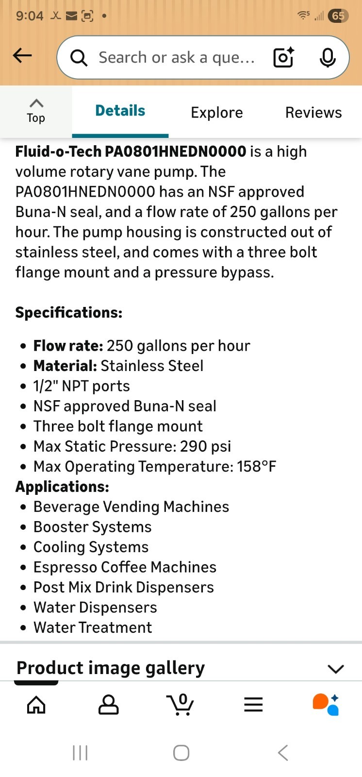 Fluid-o-Tech PA0801HNEDN0000 Rotary Vane Pump NSF, Stainless Steel 250 GPH Italy