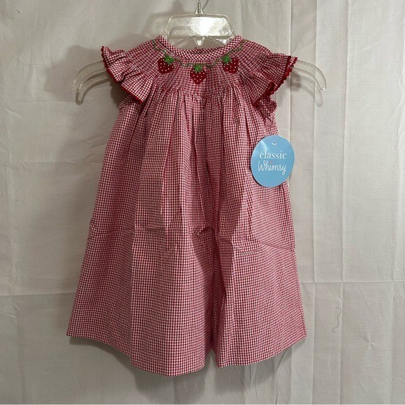 Classic Whimsy Girls Strawberry & Vine Smocked Gingham Red Checked Dress