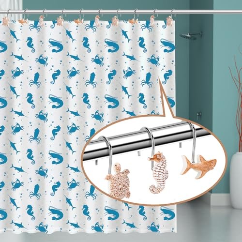 Seashell Shower Curtain Hooks, 12Pcs Decorative Anti-Rust Shower Turtle 2