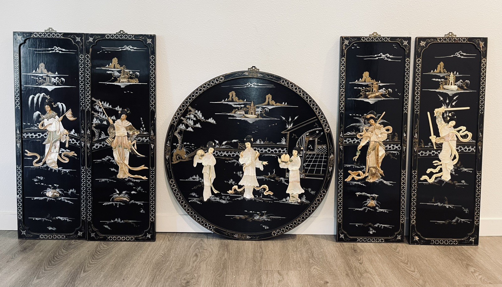 VTG 5 Asian Oriental BLACK Lacquer Mother of Pearl Wall Panels 36H x 11,5W, 30”