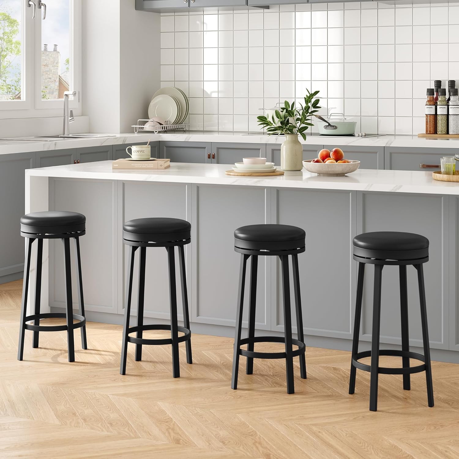 Set of 2/4 Round Bar Stool, Adjustable Swivel Kitchen Pub Chair PU Leathe NEW