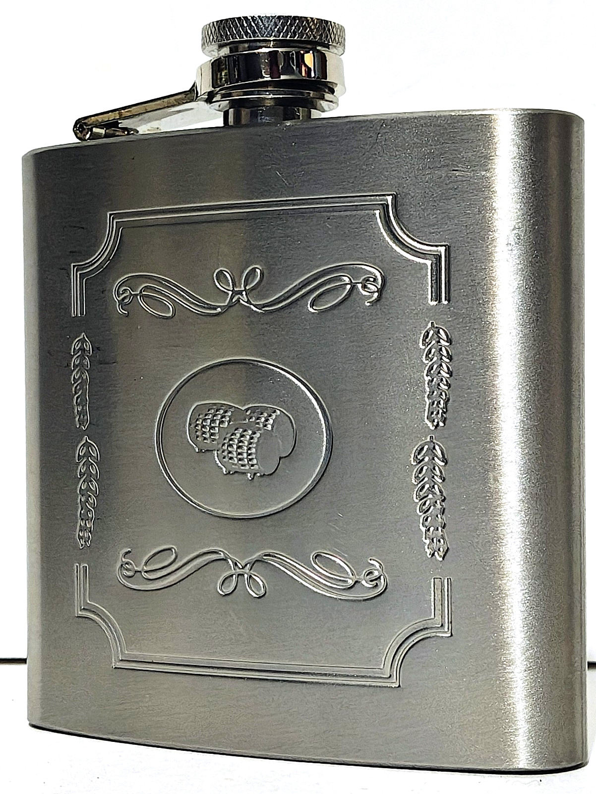 6-ounce Flask - Engraved Barrels Design - Stainless Steel - No Leak Attached Cap