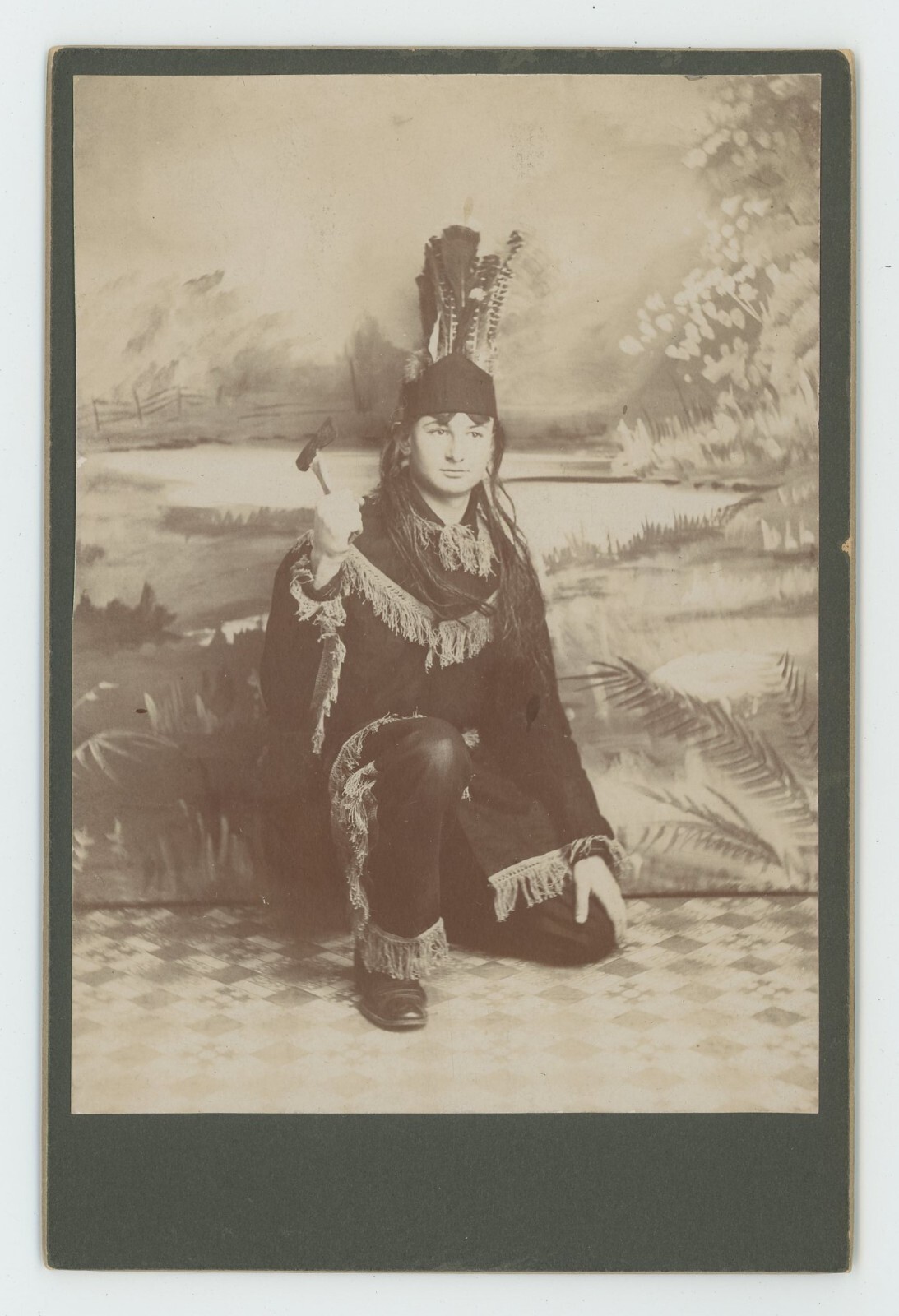 Vintage Photo Cabinet Card Native American Feathers Hatchet Bender Surname 1910s