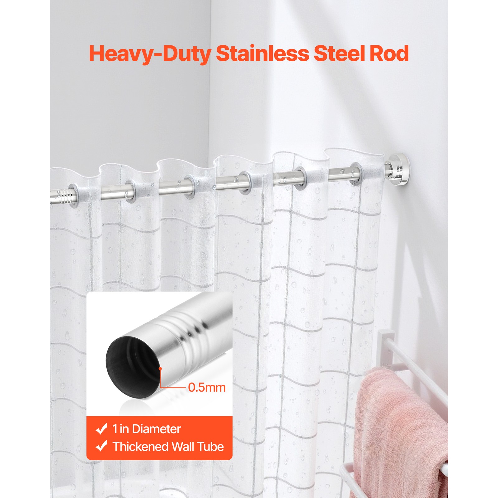 Uimoso Adjustable Tension Shower Rod, 28-76 in, Stainless Steel, Silver