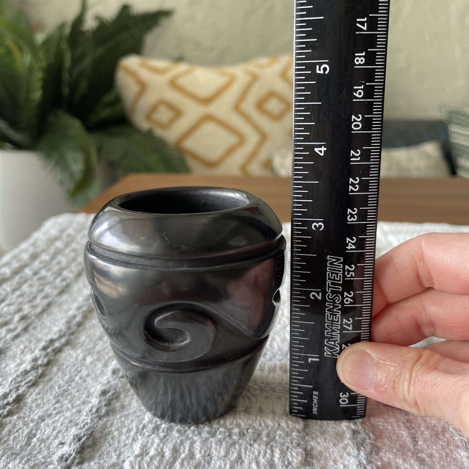 Santa Clara Pueblo Blackware Pottery 3 1/4 Vase Signed Stella Chavaria