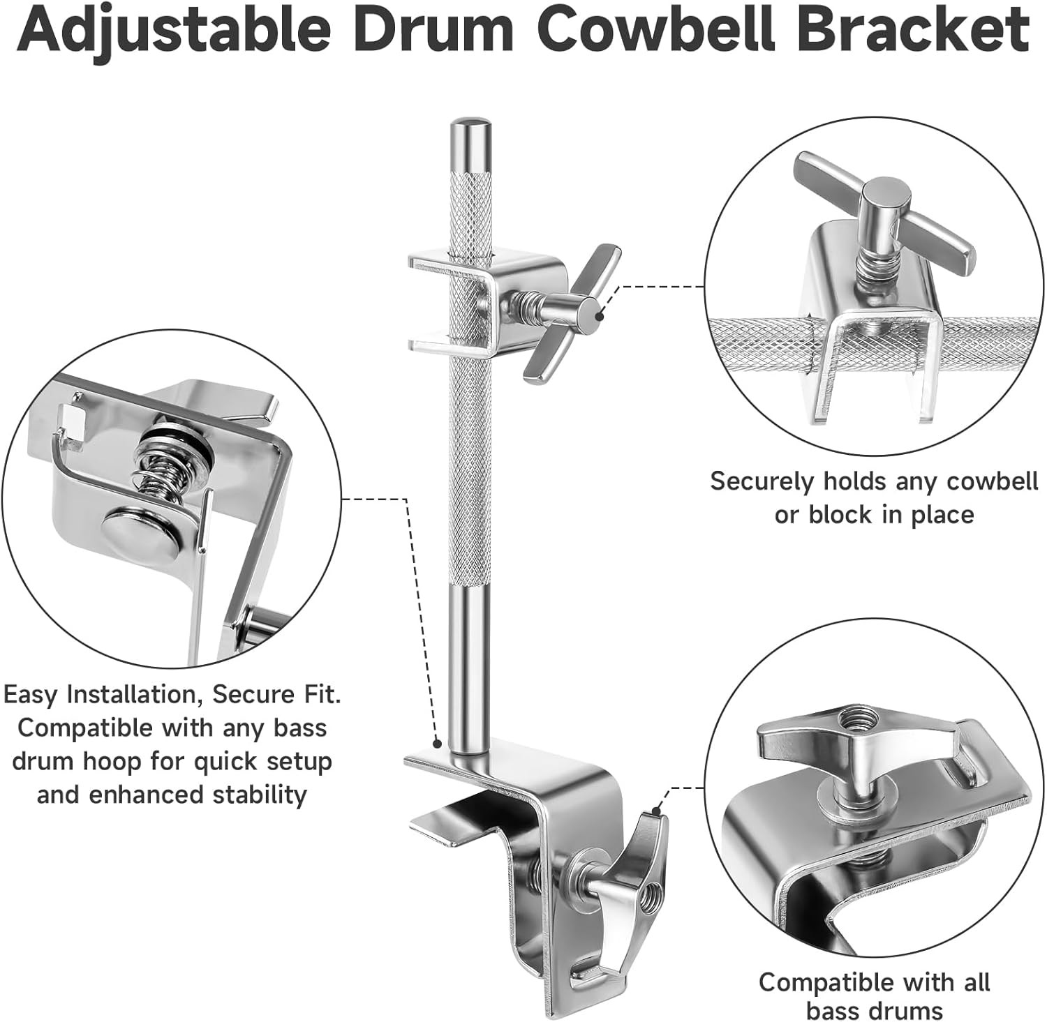 6" Cowbell with Adjustable Clamp, Percussion Accessory for Drum Sets, Standard B