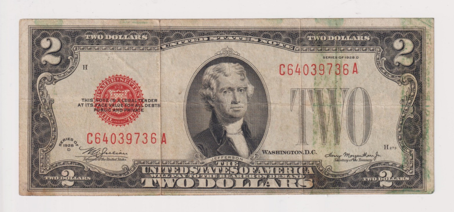 1928 D $2 Red Seal Two Dollar Bill 1928D United States Legal Tender Note Fr 1505